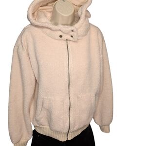 Porridge Anthropologie Women's  Cream Sherpa Zip Up Hooded Jacket Size Small